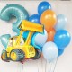 Композиция из сине-оранжевых шаров с Экскаватором и цифрой 3