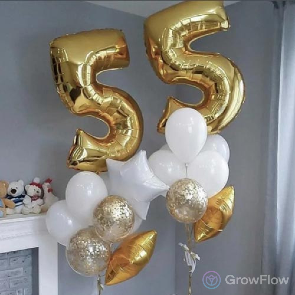 Коробка с шарами на День Рождения 55 лет, со звездами и золотыми цифрами, .